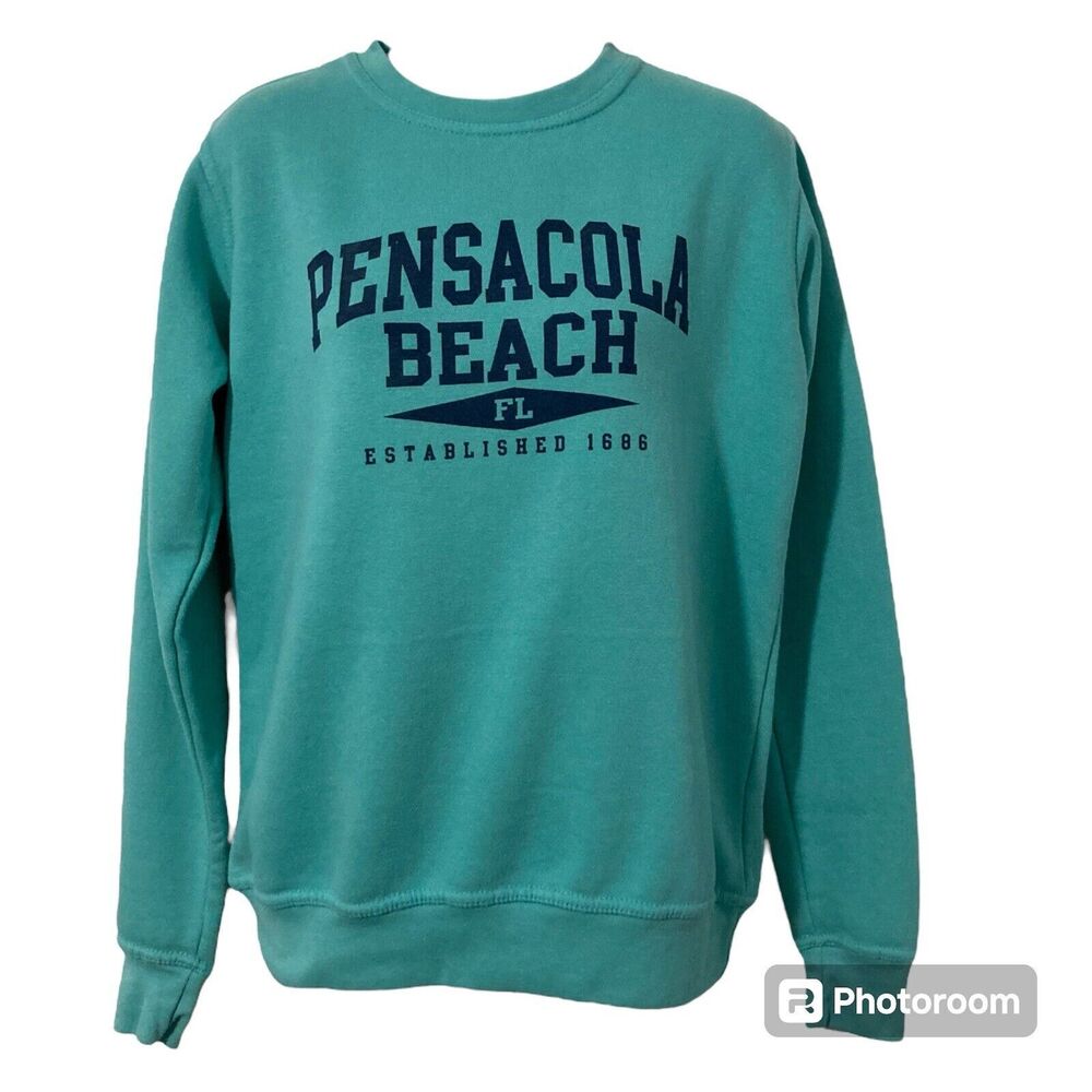 Pacific & Co Womens Small Sweatshirt Pensacola Beach Florida Crew Neck Teal Blue